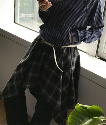 (Brushed) LAYERED CHECK UNBALANCE SKIRT
